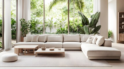 Cozy and inviting modern living room with a large comfortable sectional sofa and minimalist stylish decor  The bright airy space is filled with natural light warm neutral tones