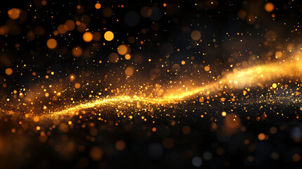 Fototapeta premium Yellow gold glow particle abstract bokeh background with copy space, showcasing vibrant and sparkling light effects in a dark setting.