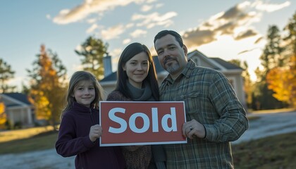 Happy family celebrating their new home purchase holding a 'Sold' sign in a picturesque neighborhood.