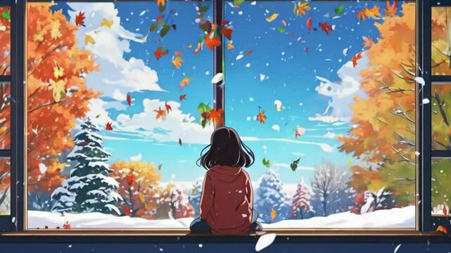 The lofi girl is outside room, sits at her desk lights balcony ocean, works on her laptop vibrant garden, tree with puppy is playing. sunlight, 2D anime-style cute Lofi hip-hop music loop animation