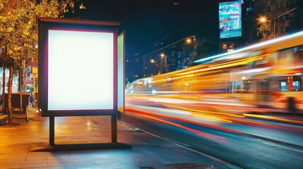 Illuminated blank billboard with copy space for your text message or content, advertising mock up banner of bus station, public information board with blurred vehicles in high speed in night city
