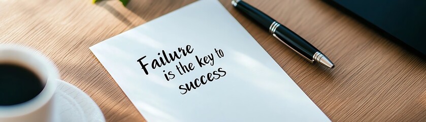Fototapeta premium A note with the motivational quote 'Failure is the key to success' on a wooden desk with a pen and a coffee cup.
