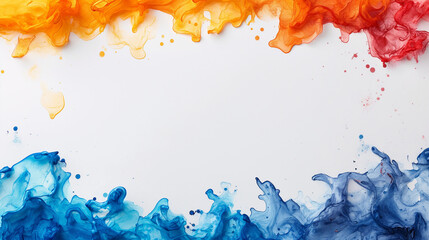 Abstract splash of orange and blue paint with empty white copy space in the center. Border, frame