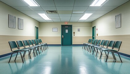 A clean and orderly waiting room with empty chairs and a tranquil atmosphere, perfect for conveying calmness and anticipation.