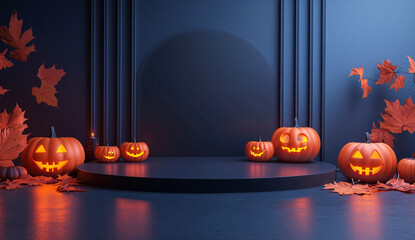 Realistic 3D scene of an empty stage design for place product presentation with Halloween theme decoration pumpkin Jack O’ Lantern.