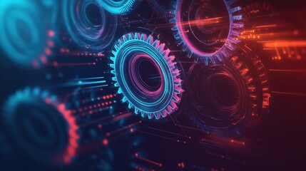 Obraz premium This image depicts colorful abstract gears and lines in dynamic motion, emphasizing the interplay between different mechanical elements and the artistic representation of machinery.