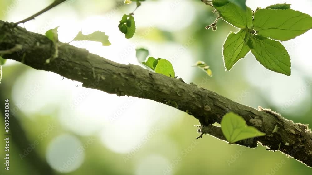 Poster a tree branch with leaves and a sun shining on it. the sun is casting a shadow on the branch