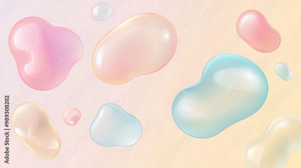 Poster whimsical bubble-like labels floating on bright pastel background in smooth vector art design