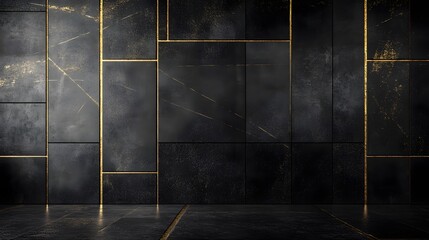 Black Wall With Golden Lines And Tiles Interior Mockup