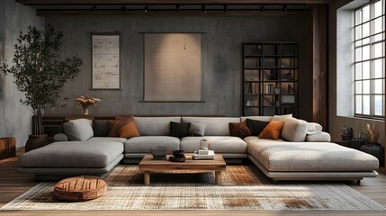 A cozy and inviting modern living room with a minimalist aesthetic featuring a comfortable L shaped sectional sofa a wooden coffee table and a brick wall with framed artwork