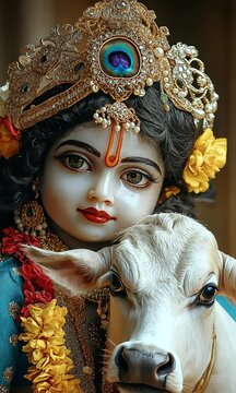 Indian religions, including Hinduism, celebrate devotional occasions like this one where this adorable little Krishna is holding the holy cow.