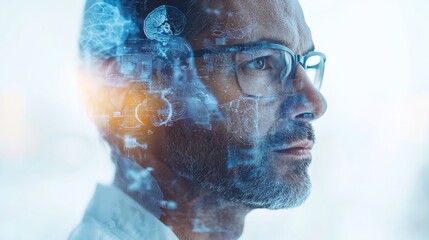 Obraz premium Portrait of thoughtful man with digital interface overlay