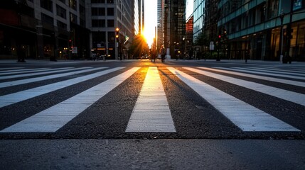 Urban Sunset Over Crosswalk with Striped Lines