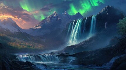 Fototapeta premium Majestic Waterfall and Aurora Borealis