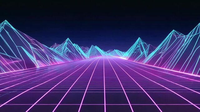 A futuristic landscape with mountains and a road. The mountains are in a purple and blue color