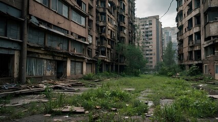 Fototapeta premium Overgrown City Ruins: Nature Reclaims the Post-Apocalyptic World