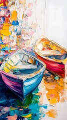 Colorful Boats Oil Painting, Abstract Image, Texture, Pattern Background, Wallpaper, Cover and Screen for Smartphone, PC, Laptop, 9:16 and 16:9 Format