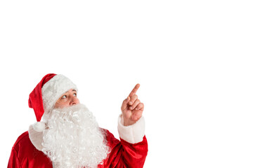 Portrait of Santa Claus points with his index finger to the empty space.