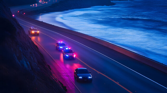 A pursuit along a coastal highway at night police cars in close pursuit of a speeding sports car with flashing lights.