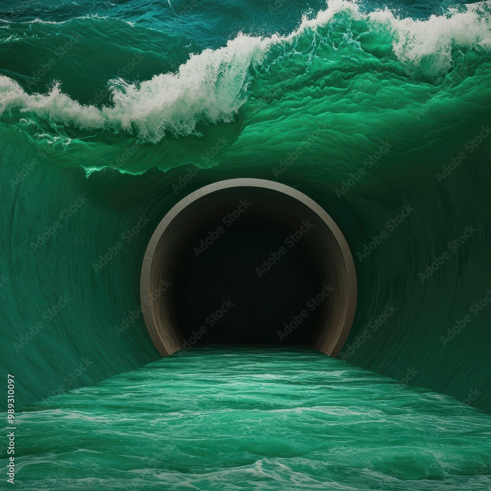 Poster surreal view of ocean waves emerging from a tunnel
