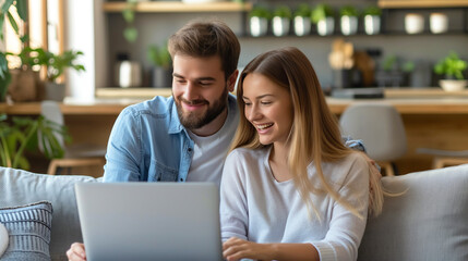 Happy couple using laptop together in modern cozy living room