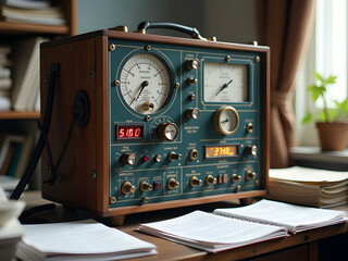 Vintage Scientific Instrument with Blue and Copper Accents on Wooden Desk, Featuring Dual Analog Gauges, White Dials, and Digital Display Reading 510 - Retro Charm for Authentic Decor