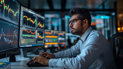 Fototapeta premium Focused trader analyzing stock market trends on multiple screens in a dimly lit office