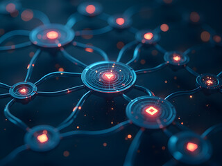 Obraz premium Dynamic Network of Interconnected Geometric Nodes Glowing in Blue and Red with Intricate Patterns and Symbols Against Dark Background, Representing Digital Technology, Connectivity, and Innovation