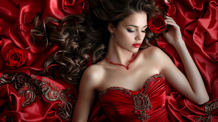 Fototapeta premium Elegant woman in red satin dress holding rose surrounded by flowing fabric