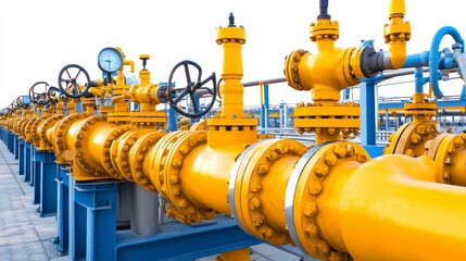 Rows of Yellow Gas Pipes and Valves in a Gas Processing Plant