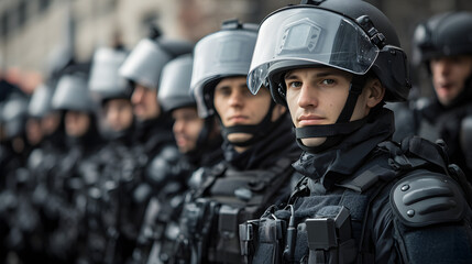 A riot police unit standing in formation during a protest.