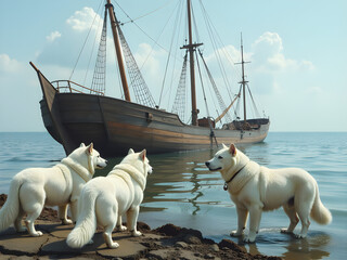 Serene Coastal Scene with Three Fluffy White Dogs Resembling Shiba Inus on Rocky Shoreline Gazing at Majestic Wooden Ship with Tall Masts, Evoking Adventure and Exploration in Calm Waters