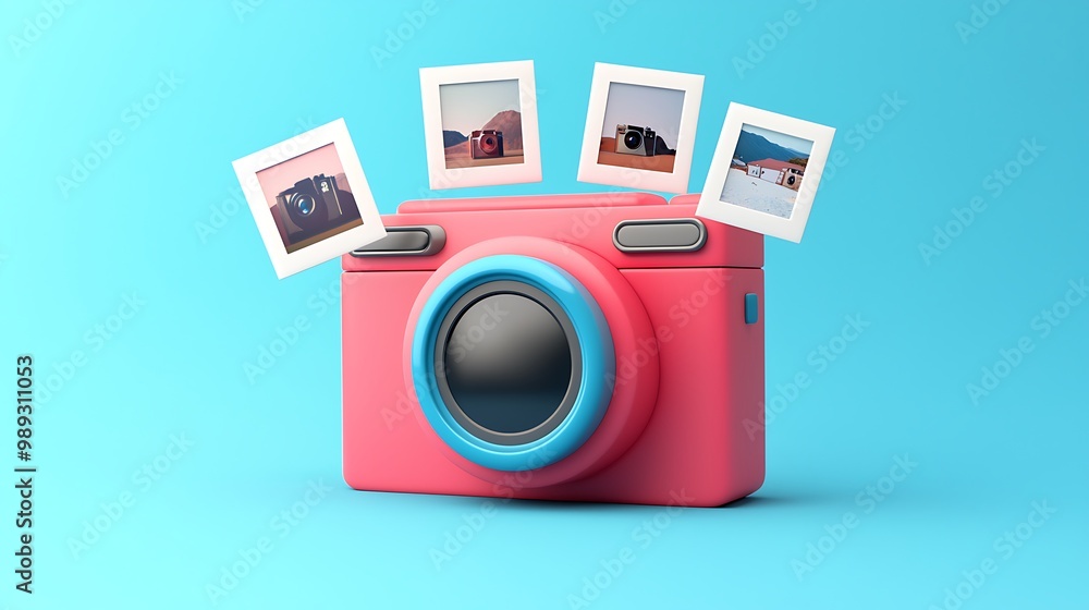 Aufkleber modern red camera icon with polaroid photos - 3d vector rendering on blue background