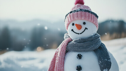 A snowman adorned with a pink hat and gray scarf, standing joyfully in a snowy landscape with copy space for mockup