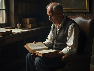 Elderly Man in Elegant Leather Armchair Reading Antique Book with Intense Concentration, Illuminated by Soft Natural Light, Capturing Nostalgic Intellectual Charm and Reflective Contemplation