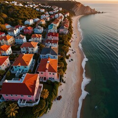 A sweeping drone image of a picturesque coastal town. The scene captures the gentle waves of the ocean meeting the shoreline, while colorful houses with red-tiled roofs line the edge