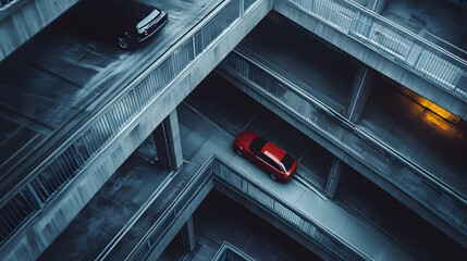 Obraz premium A rooftop chase scene with cars racing through a multi-story car park leaping gaps between levels.