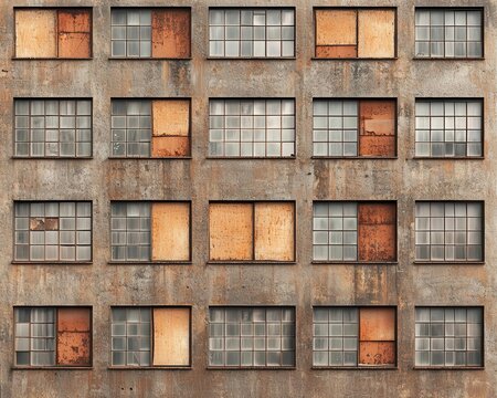 Rusty factory exterior with boarded-up windows and faded paint, Faded glory, Desolate structures