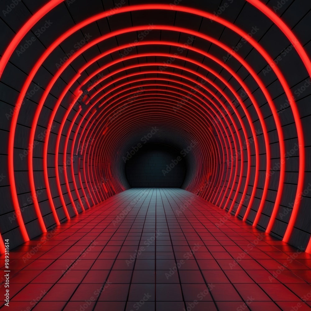 Poster glowing red neon tunnel with circular patterns