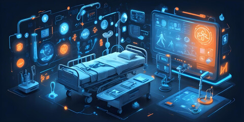 a futuristic and abstract background with various scientific and technological icons and symbols, including dna strands, microscopes, test tubes, and other scientific equipment. the overall style is m