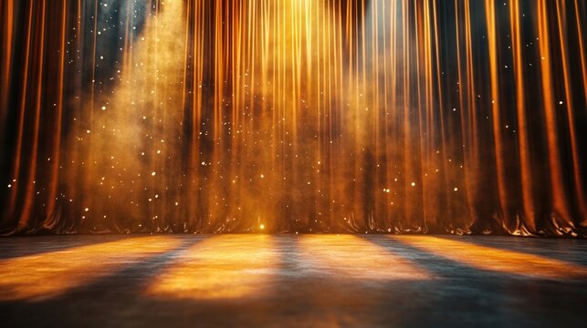 Stage with golden curtains and spotlights, perfect for showcasing products, events, or presentations.
