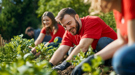 Corporate social responsibility team volunteering at a community garden, planting trees and cleaning up the environment