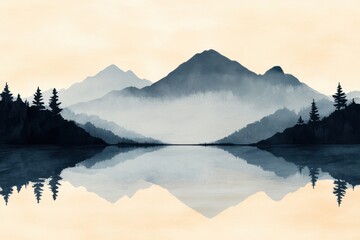 Serene Japan Ink Painting of Tranquil Lake with Soft Reflections