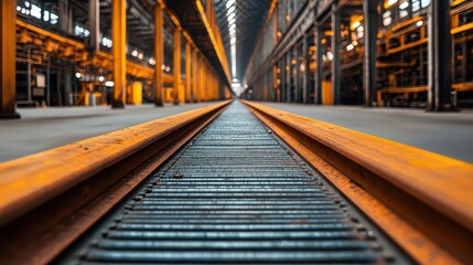 Rusty conveyor belt leading to a dark and abandoned factory room, Industrial corridor, Desolate scene