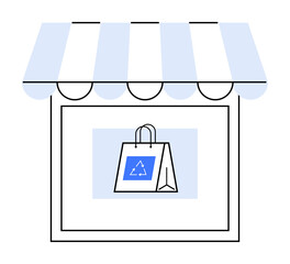 Small shop storefront with a blue and white awning, displaying a shopping bag featuring a triangle symbol. Ideal for online shopping, retail, e-commerce, small businesses, store logo. Line art style.