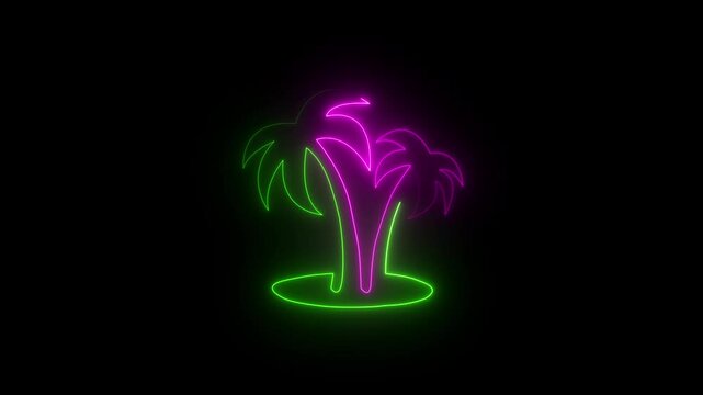 Neon Glowing Palm Trees Isolated on black Background. Two colors motion palm tree design