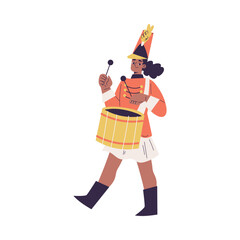 Orchestra with Marching Woman Character in Red Uniform with Drum Vector Illustration