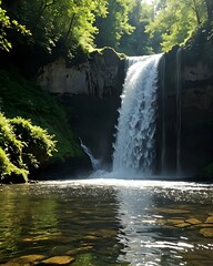 A mesmerizing waterfall cascading down a rocky cliff into a tranquil pool. The water sparkles in the sunlight, creating a serene and enchanting scene.