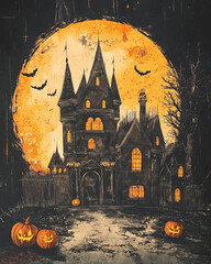 Vintage engraved Halloween castle, Vector illustration of mystical haunted castle in engraving style