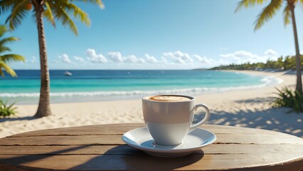 A cup of coffee sits on a wooden table with a tropical beach and ocean in the background.